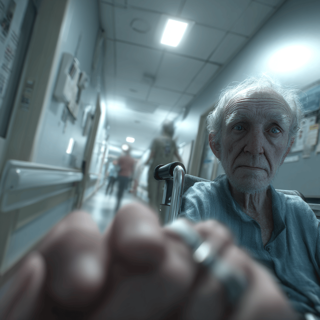 The scene is viewed through the eyes of a partner visiting the elderly man in the hospital.
