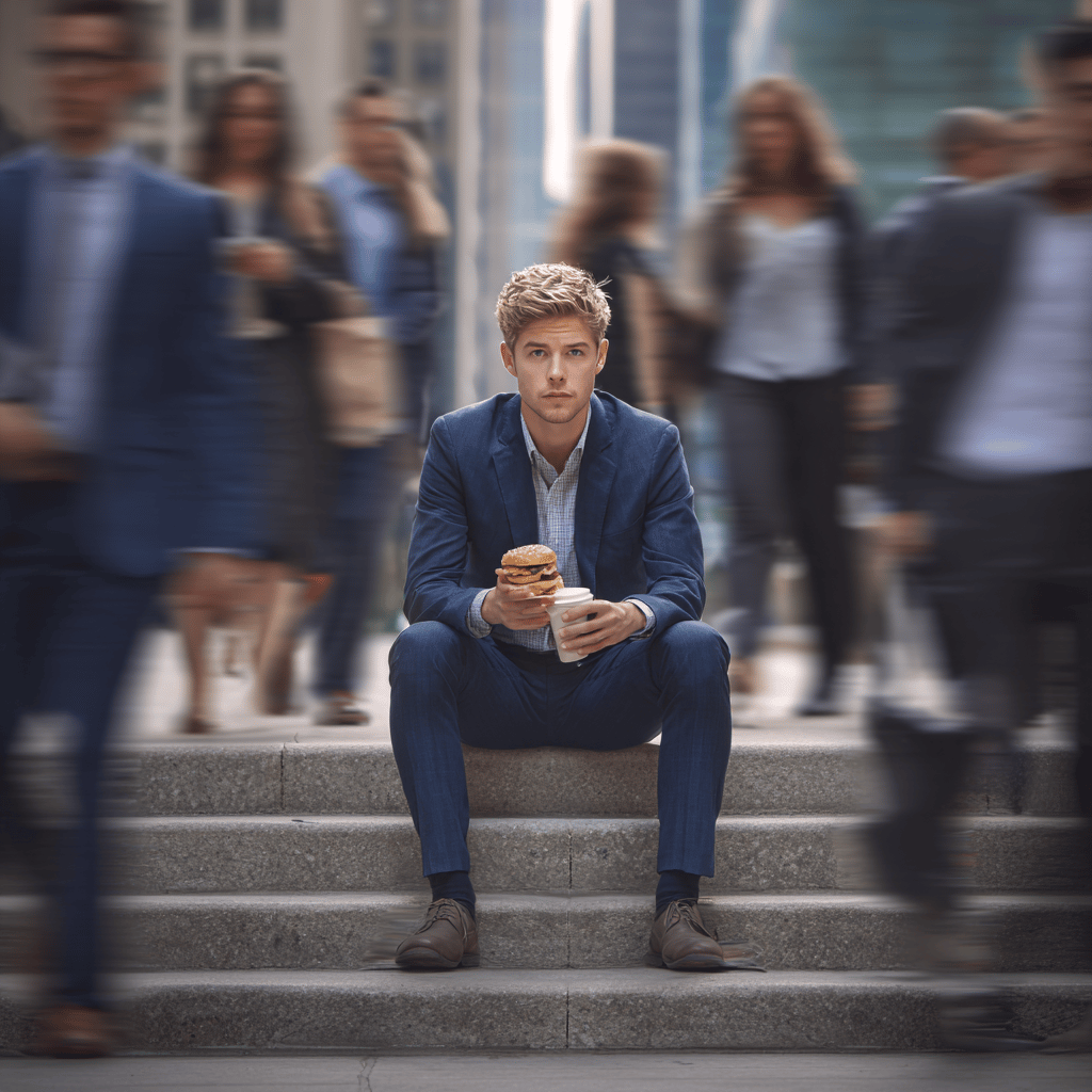 Illustrates the idea that an introvert can maintain their composure and focus, finding a moment of peace and presence, even when surrounded by the overwhelming energy of a busy world.