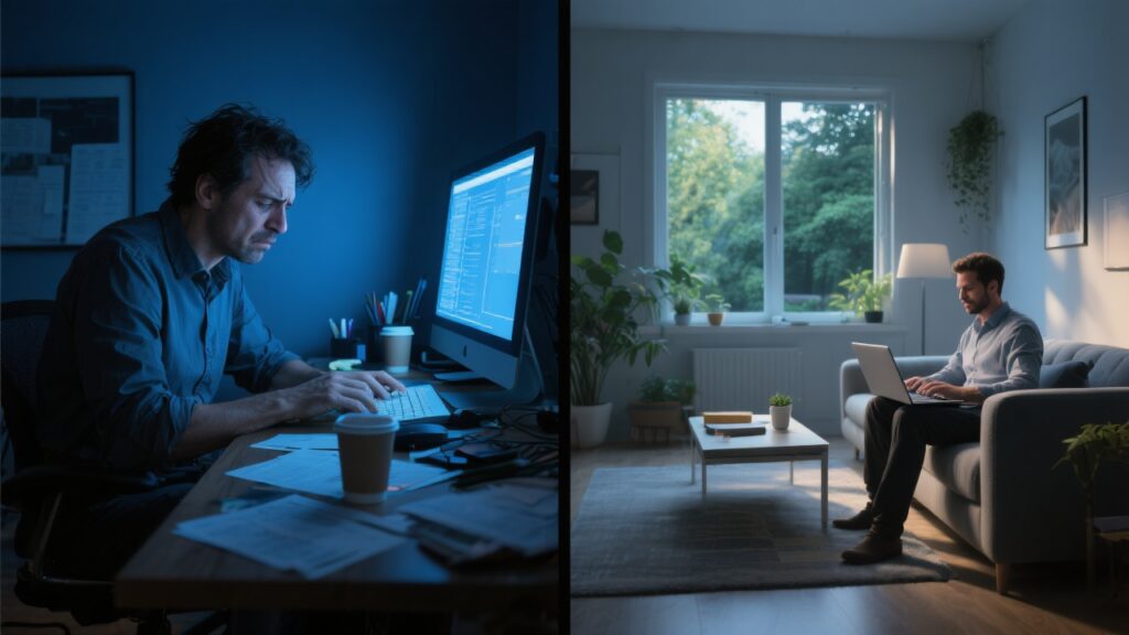 Left column: A stressed man works late at night at a cluttered desk, illuminated by the harsh glow of his computer screen in a dimly lit room, showing visible signs of fatigue and overwhelm.

Right column: A relaxed man sits comfortably in a bright living room, working on his laptop by a large window with sunlight streaming in and a pleasant outdoor view, embodying calm and comfort.